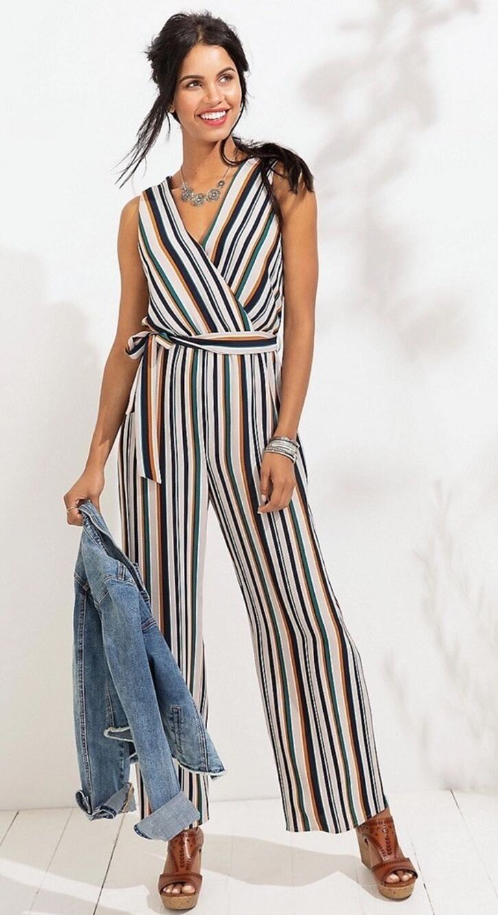 Maurices Jumpsuit V Neck Size Medium Striped Grey Blue Green Belt Loops